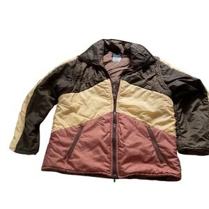 Vintage Challenger Colorblock Puffer Jacket Brown Tan Rust Convertible Vest L